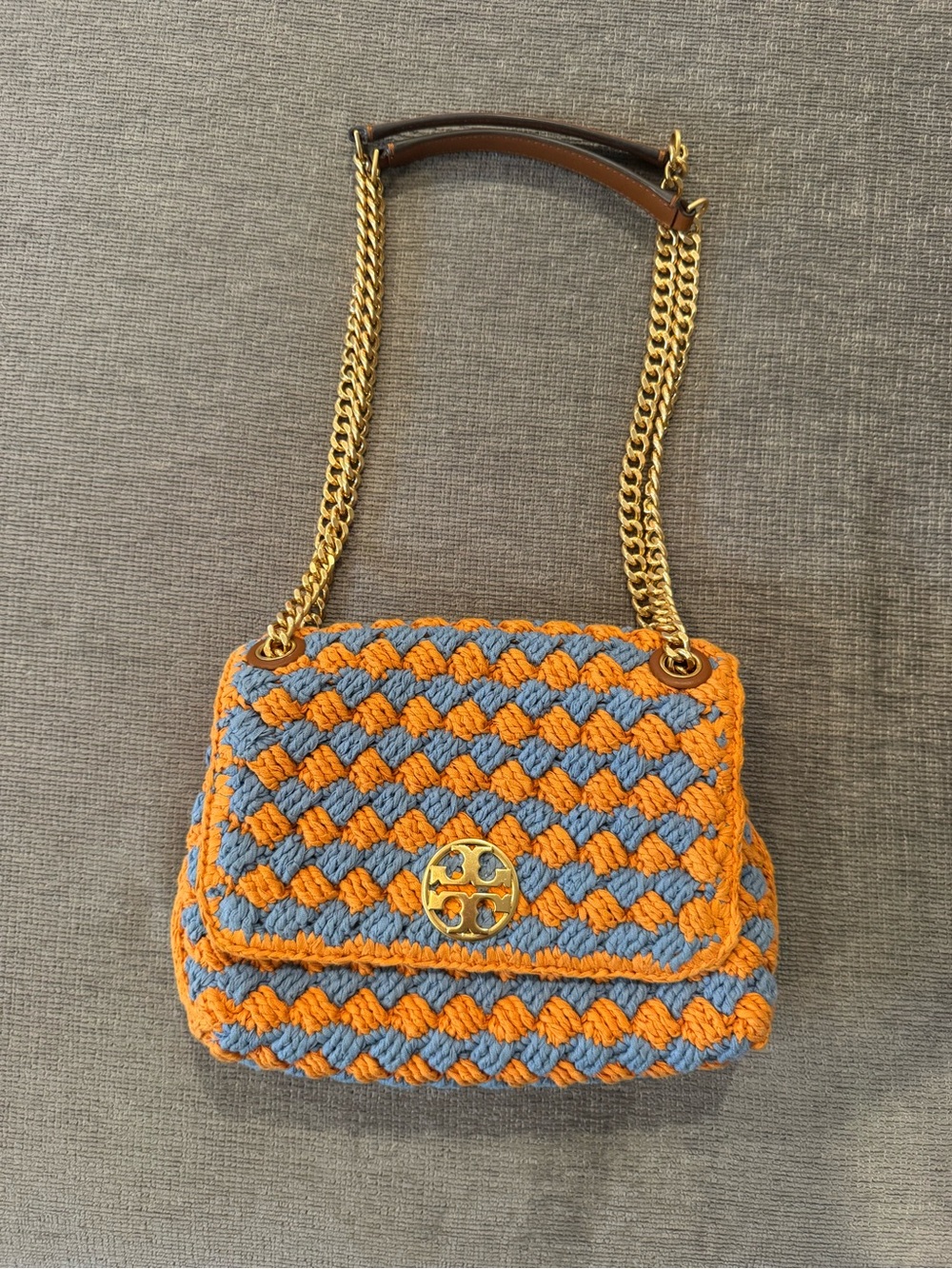 Tory Burch Orange & Blue Crochet Chain Shoulder Bag